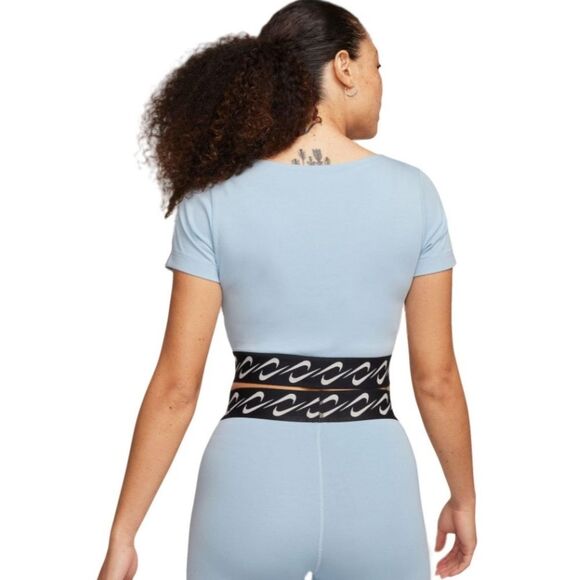 Nike Essentials Swoosh Top Womens Sz L Logo Blue Scoop Neck Crop Workout Sports - Picture 3 of 10